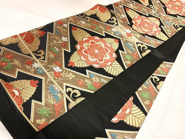平和屋着物◎六通柄袋帯　唐織　松皮菱花文　黒地　金糸　正絹　逸品　AABK4760yx