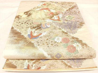 平和屋着物◎六通柄袋帯　唐織　飛鶴花文　金糸　正絹　逸品　AABK4761yx