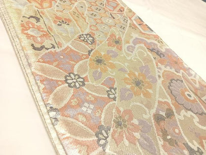 平和屋着物◎新佐賀錦　六通柄袋帯　花唐草文　金銀糸　正絹　逸品　AABK4765yx