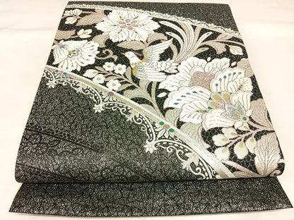 平和屋着物◎太鼓柄袋帯　花鳥文　黒地　金銀糸　正絹　逸品　AABK4770yx