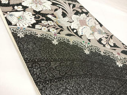 平和屋着物◎太鼓柄袋帯　花鳥文　黒地　金銀糸　正絹　逸品　AABK4770yx