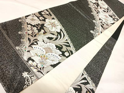 平和屋着物◎太鼓柄袋帯　花鳥文　黒地　金銀糸　正絹　逸品　AABK4770yx