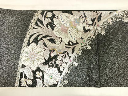 平和屋着物◎太鼓柄袋帯　花鳥文　黒地　金銀糸　正絹　逸品　AABK4770yx