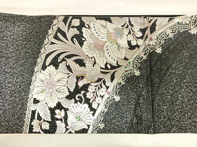 平和屋着物◎太鼓柄袋帯　花鳥文　黒地　金銀糸　正絹　逸品　AABK4770yx