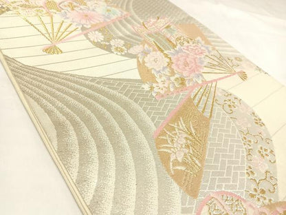 平和屋着物◎六通柄袋帯　唐織　扇面花文　金銀糸　鈴乃屋扱い　正絹　逸品　AABK4784yx