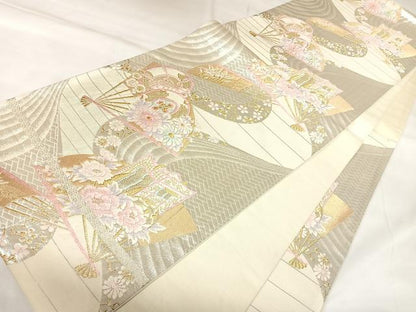 平和屋着物◎六通柄袋帯　唐織　扇面花文　金銀糸　鈴乃屋扱い　正絹　逸品　AABK4784yx