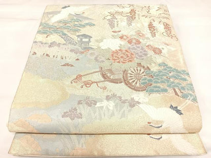 平和屋着物◎六通柄袋帯　唐織　飛鶴花車文　金銀糸　正絹　逸品　AABK4786yx