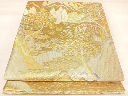 平和屋着物◎佐賀錦　六通柄袋帯　遠山風景文　金銀糸　正絹　逸品　AABK4790yx