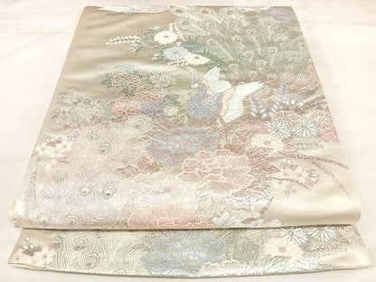 平和屋着物◎六通柄袋帯　唐織　牡丹孔雀文　九百プラチナ箔　正絹　逸品　AABK4792yx