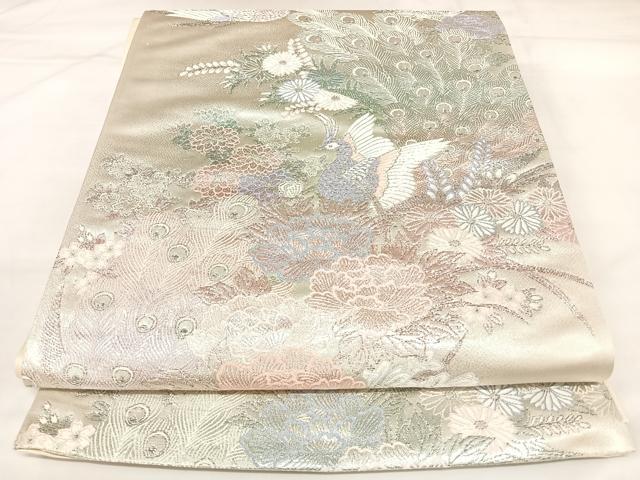 平和屋着物◎六通柄袋帯　唐織　牡丹孔雀文　九百プラチナ箔　正絹　逸品　AABK4792yx