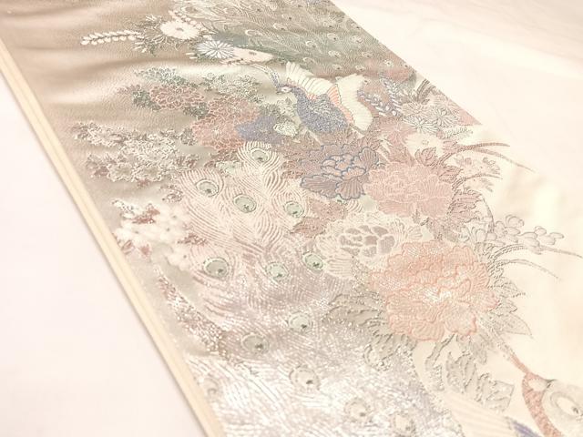 平和屋着物◎六通柄袋帯　唐織　牡丹孔雀文　九百プラチナ箔　正絹　逸品　AABK4792yx