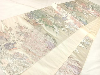 平和屋着物◎六通柄袋帯　唐織　牡丹孔雀文　九百プラチナ箔　正絹　逸品　AABK4792yx