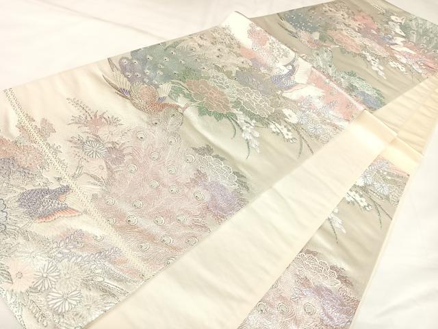 平和屋着物◎六通柄袋帯　唐織　牡丹孔雀文　九百プラチナ箔　正絹　逸品　AABK4792yx