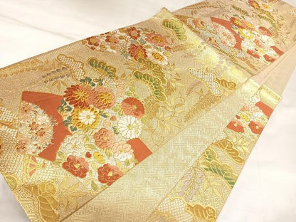 平和屋着物◎西陣　野々村織物謹製　本佐賀錦　六通柄袋帯　唐織　地紙花文　金銀糸　正絹　逸品　AABK4800yx