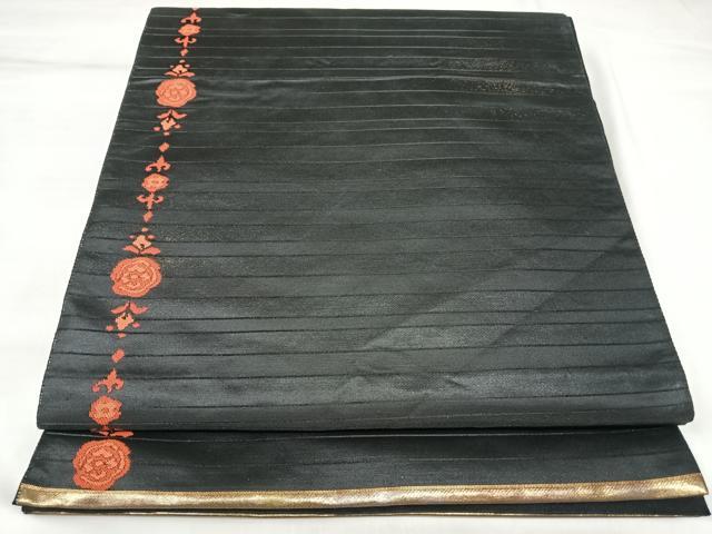 平和屋着物◎六通柄袋帯　唐織　花間道　黒地　金糸　正絹　逸品　AABK4824yx