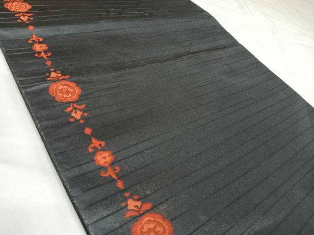 平和屋着物◎六通柄袋帯　唐織　花間道　黒地　金糸　正絹　逸品　AABK4824yx