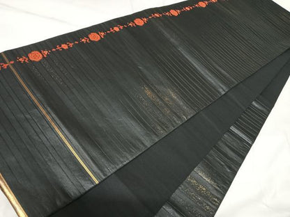 平和屋着物◎六通柄袋帯　唐織　花間道　黒地　金糸　正絹　逸品　AABK4824yx