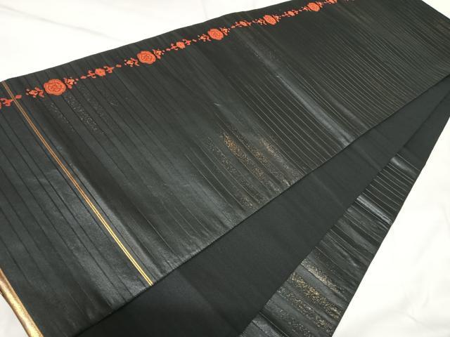 平和屋着物◎六通柄袋帯　唐織　花間道　黒地　金糸　正絹　逸品　AABK4824yx