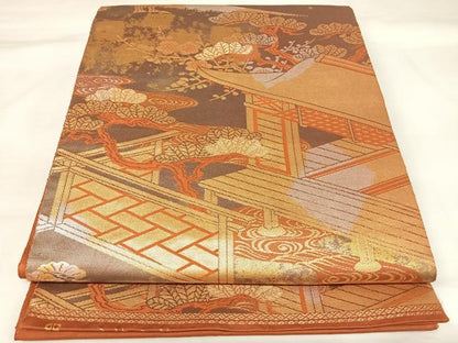 平和屋着物◎西陣　服部織物謹製　六通柄袋帯　こはく錦　風景文　二重箔織　金銀糸　正絹　逸品　AABK4826yx