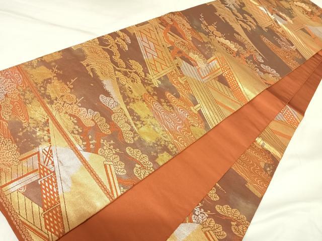平和屋着物◎西陣　服部織物謹製　六通柄袋帯　こはく錦　風景文　二重箔織　金銀糸　正絹　逸品　AABK4826yx
