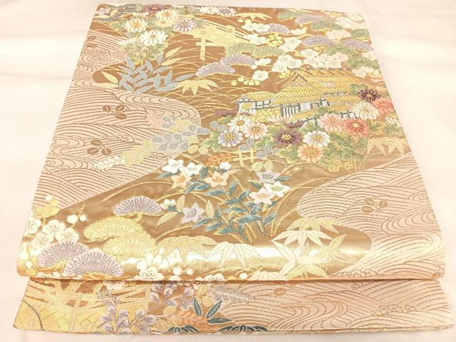 平和屋着物◎六通柄袋帯　唐織　風景草花文　金糸　正絹　逸品　AABK4830yx