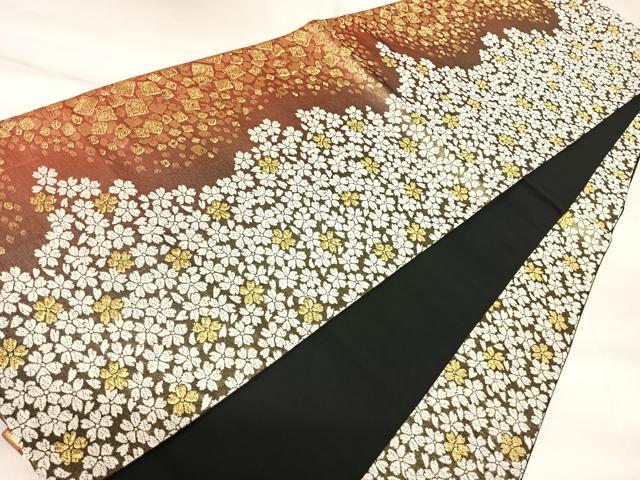 平和屋着物◎全通柄袋帯　楽楽　舞花文　金糸　正絹　逸品　AABK4842yx