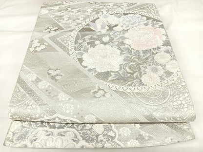 平和屋着物◎六通柄袋帯　唐織　花鳥丸文　銀糸　正絹　逸品　AABK4844yx