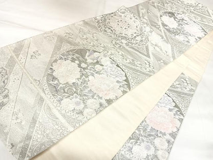 平和屋着物◎六通柄袋帯　唐織　花鳥丸文　銀糸　正絹　逸品　AABK4844yx