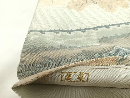 平和屋着物◎山喜織物謹製　萬葉　紹巴　全通柄袋帯　風景文　正絹　逸品　AABK4847yx