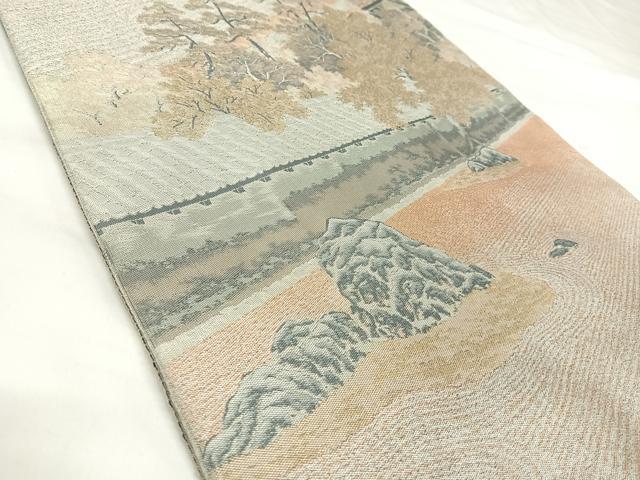 平和屋着物◎山喜織物謹製　萬葉　紹巴　全通柄袋帯　風景文　正絹　逸品　AABK4847yx