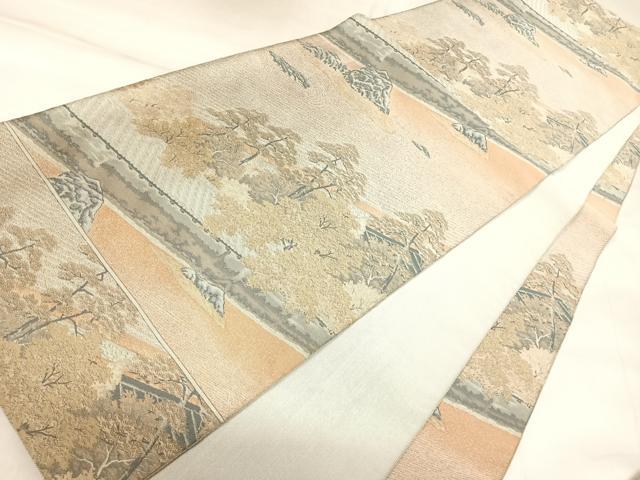 平和屋着物◎山喜織物謹製　萬葉　紹巴　全通柄袋帯　風景文　正絹　逸品　AABK4847yx