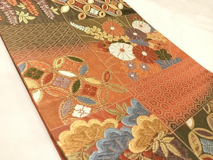 平和屋着物◎六通柄袋帯　唐織　七宝花文　金糸　正絹　逸品　AABK4854yx