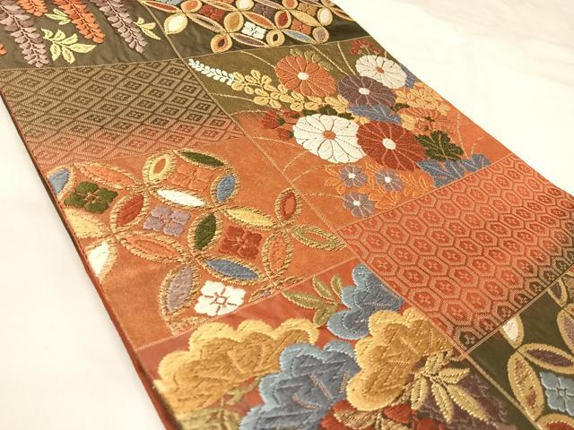 平和屋着物◎六通柄袋帯　唐織　七宝花文　金糸　正絹　逸品　AABK4854yx