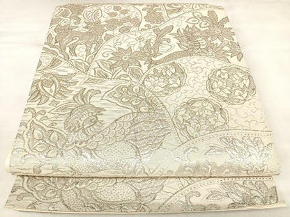平和屋着物◎六通柄袋帯　更紗花文　銀糸　正絹　逸品　AABK4857yx