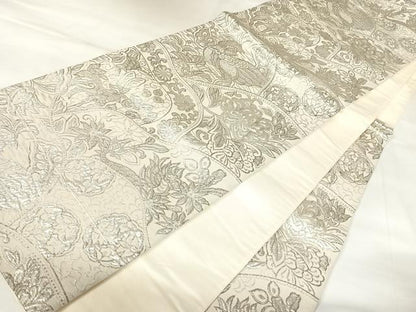 平和屋着物◎六通柄袋帯　更紗花文　銀糸　正絹　逸品　AABK4857yx