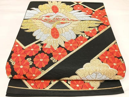平和屋着物◎六通柄　本袋帯　唐織　向い鳥花文　黒地　金銀糸　正絹　逸品　AABK4858yx