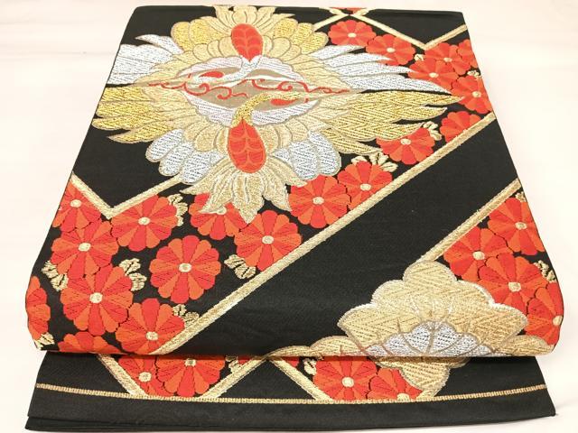 平和屋着物◎六通柄　本袋帯　唐織　向い鳥花文　黒地　金銀糸　正絹　逸品　AABK4858yx