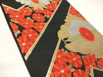 平和屋着物◎六通柄　本袋帯　唐織　向い鳥花文　黒地　金銀糸　正絹　逸品　AABK4858yx