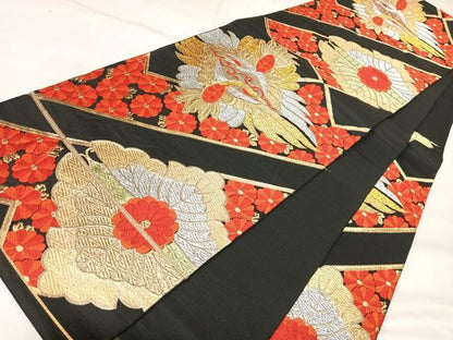 平和屋着物◎六通柄　本袋帯　唐織　向い鳥花文　黒地　金銀糸　正絹　逸品　AABK4858yx