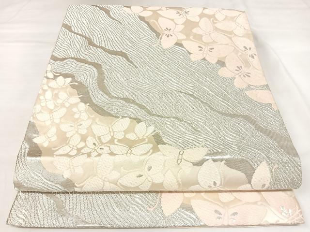平和屋着物◎六通柄袋帯　唐織　流水舞蝶文　銀糸　正絹　逸品　AABK4862yx
