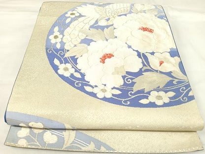 平和屋着物◎六通柄袋帯　唐織　花鳥文　銀糸　正絹　逸品　AABK4864yx
