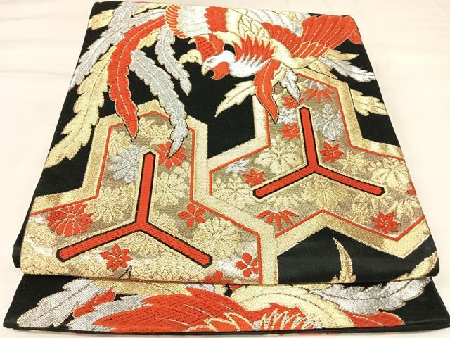 平和屋着物◎六通柄袋帯　唐織　鳳凰毘沙門亀甲　黒地　金銀糸　正絹　逸品　AABK4871yx