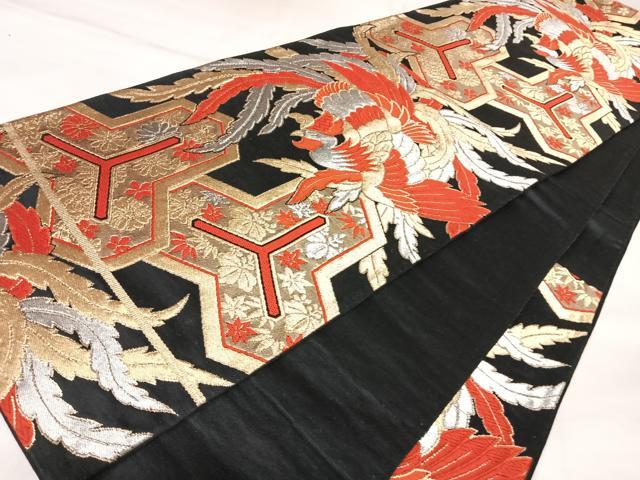 平和屋着物◎六通柄袋帯　唐織　鳳凰毘沙門亀甲　黒地　金銀糸　正絹　逸品　AABK4871yx