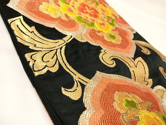 平和屋着物◎六通柄袋帯　唐織　花唐草文　黒地　金糸　正絹　逸品　AABK4883yx