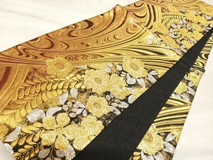 平和屋着物◎六通柄袋帯　辻が花　流水花文　金銀糸　正絹　逸品　AABK4884yx