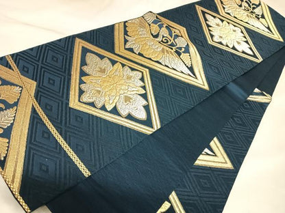 平和屋着物◎六通柄袋帯　花鳥菱文　金銀糸　正絹　逸品　AABK4886yx