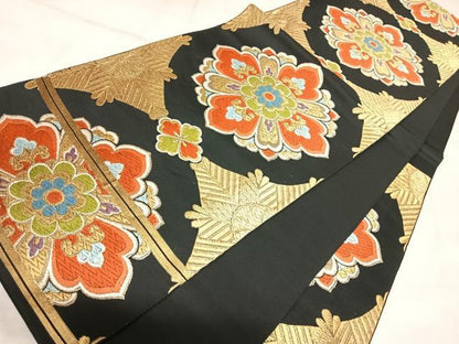 平和屋着物◎六通柄　本袋帯　唐織　舞花文　黒地　金糸　正絹　逸品　AABK4888yx
