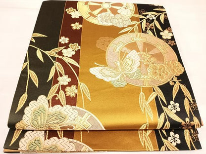 平和屋着物◎六通柄袋帯　唐織　源氏車花蝶文　金糸　正絹　逸品　AABK4890yx