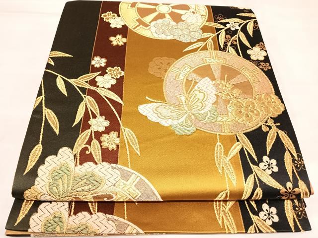 平和屋着物◎六通柄袋帯　唐織　源氏車花蝶文　金糸　正絹　逸品　AABK4890yx