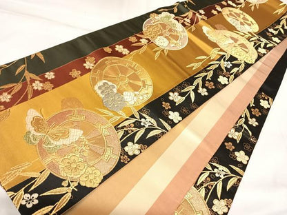 平和屋着物◎六通柄袋帯　唐織　源氏車花蝶文　金糸　正絹　逸品　AABK4890yx